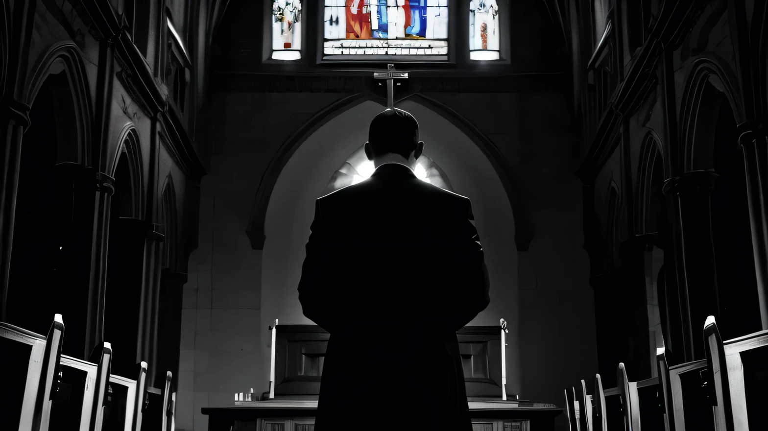 A preacher in a church, back view, top to down angle, Leviathan down cross. Black and white figure, darker ilumination.