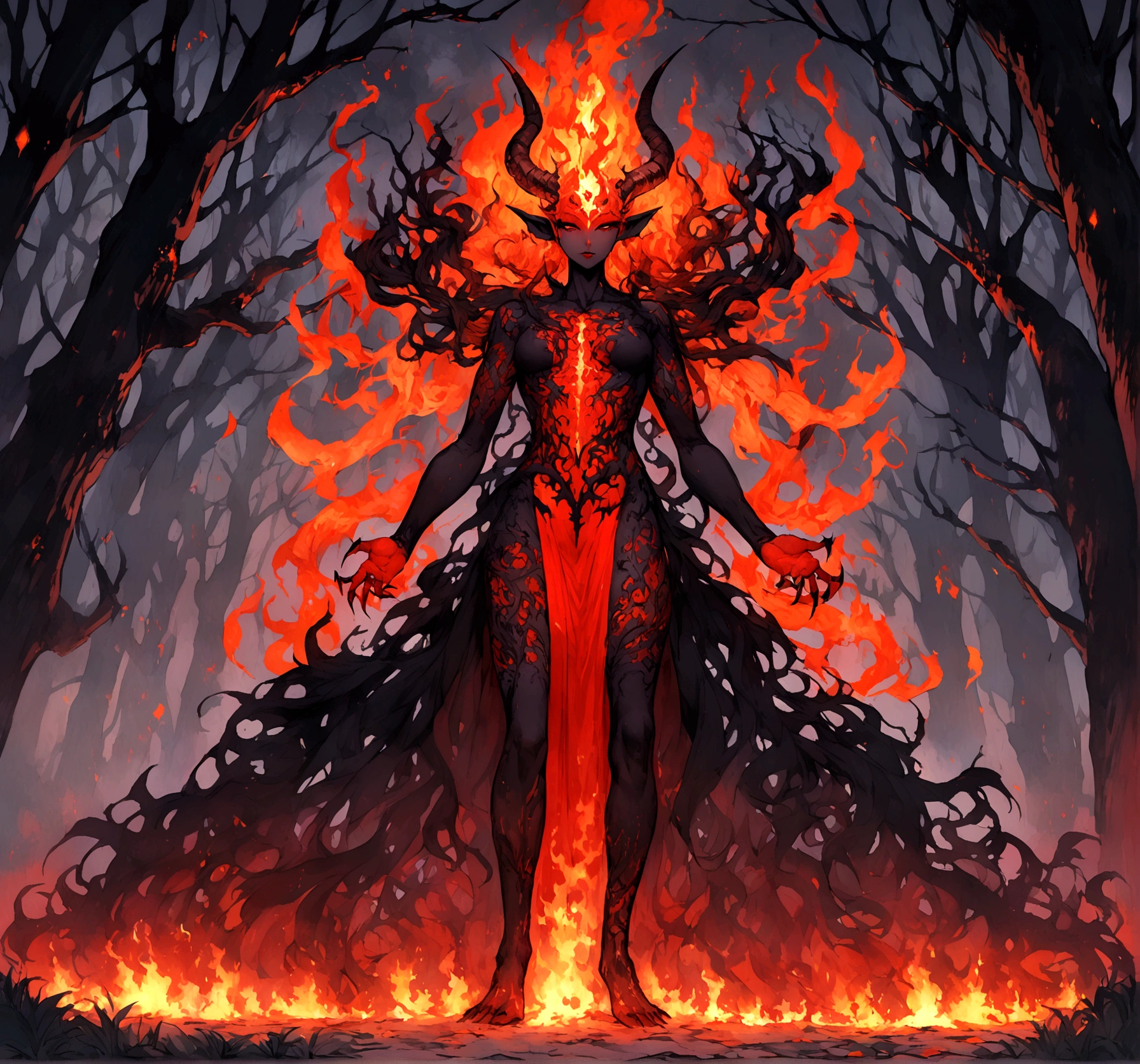 demon being conjured within the flames in the middle of a night forest