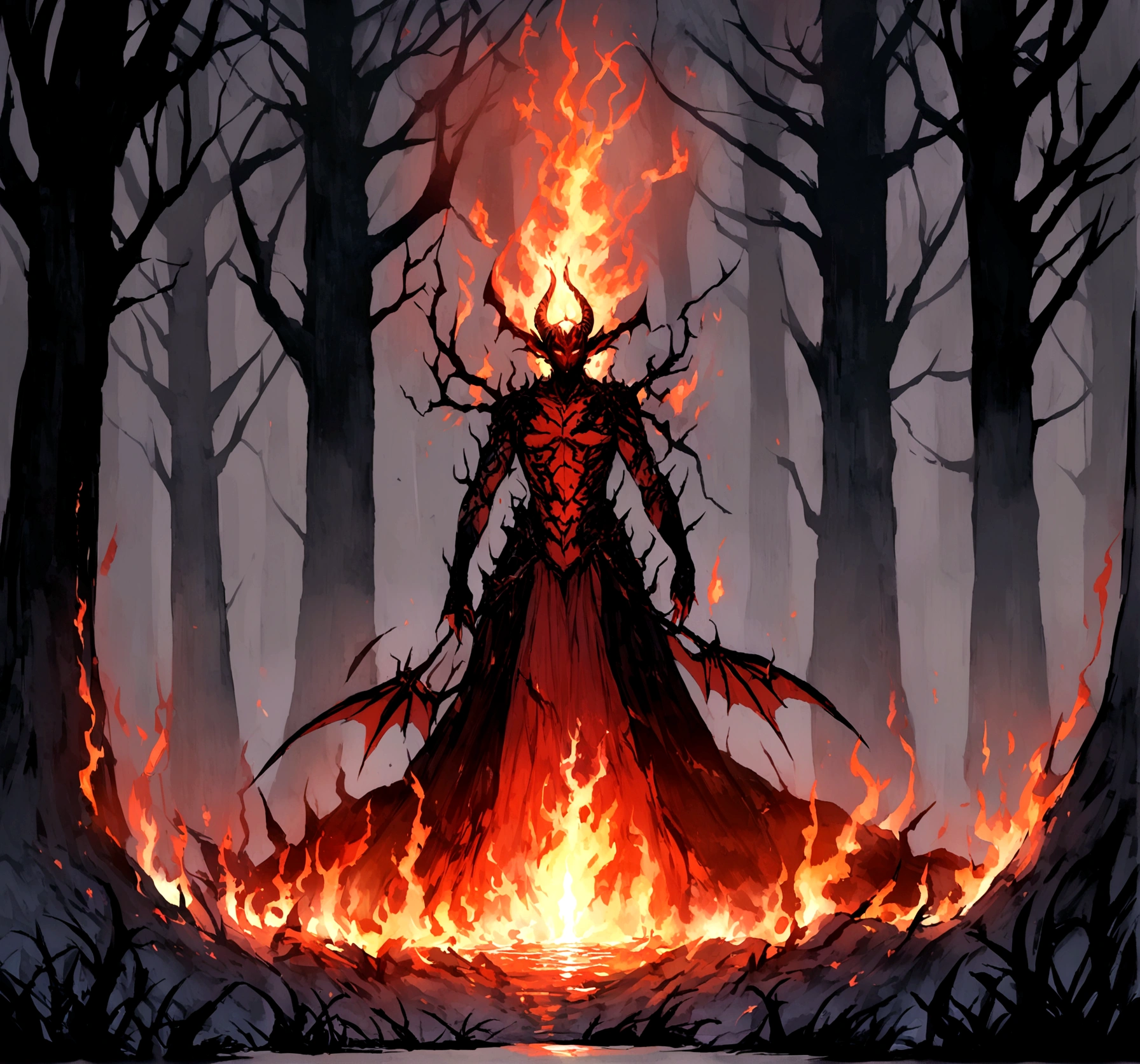 demon being conjured within the flames in the middle of a night forest