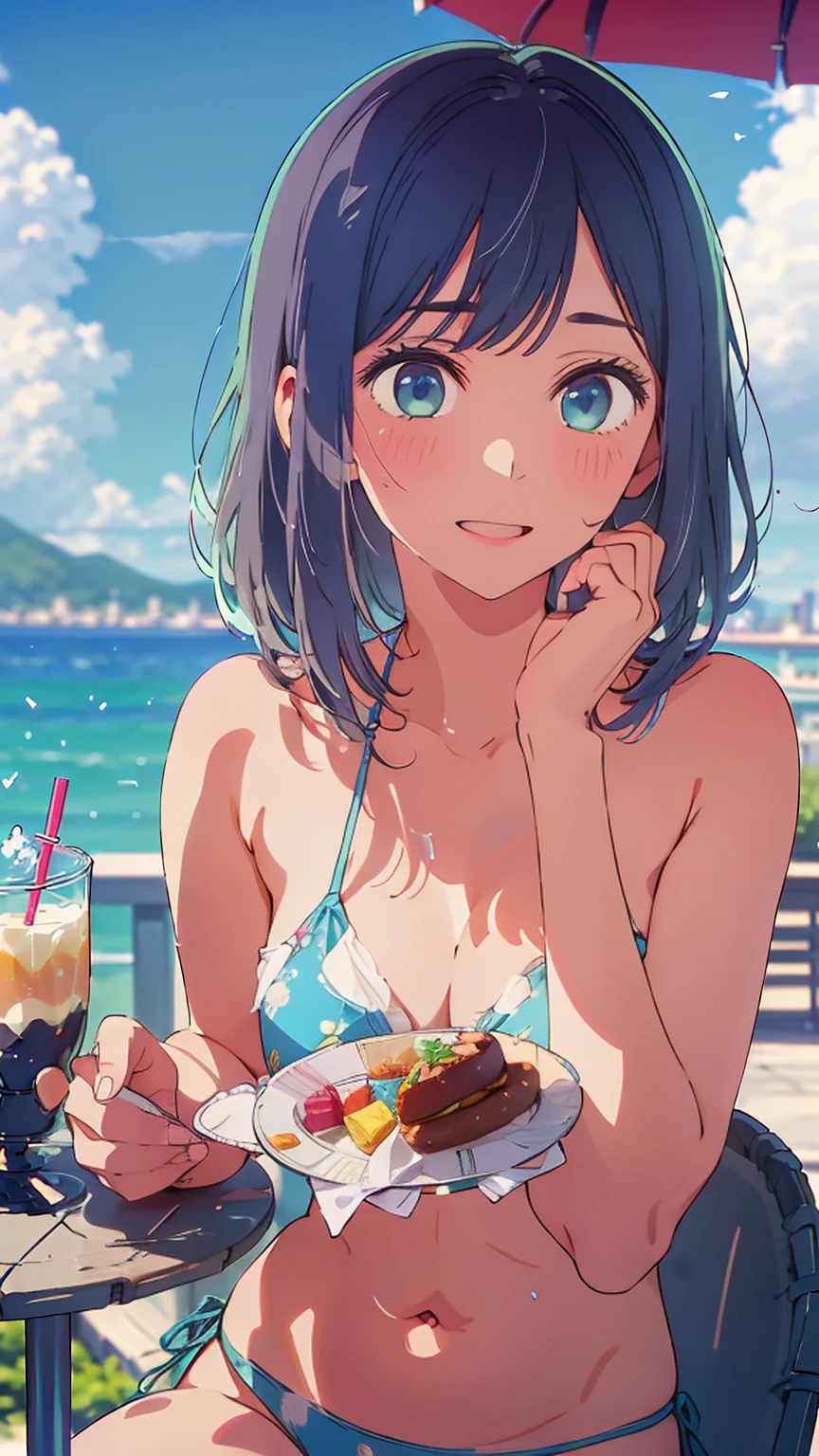 (Highest quality:1.4、masterpiece:1.4、Super detailed:1.4、8K:1.4)、F cup bust、Big Breasts、Slim body、((((1 person、Surprised expression、sit、Chair、In the background are the urban buildings of Tokyo、looking at the camera、Outdoor café terrace、coastal、Navy hair color、juice、Shooting up close、table、Very cute face))))、(Pose of putting hair behind ears with hands:1.4、Cheek resting on hand:1.4)、((nude、Areola、bikini))、Very blue sky、A completely cloudless sky、Big eyes、((((Shallow depth of field))))、Pink Lips