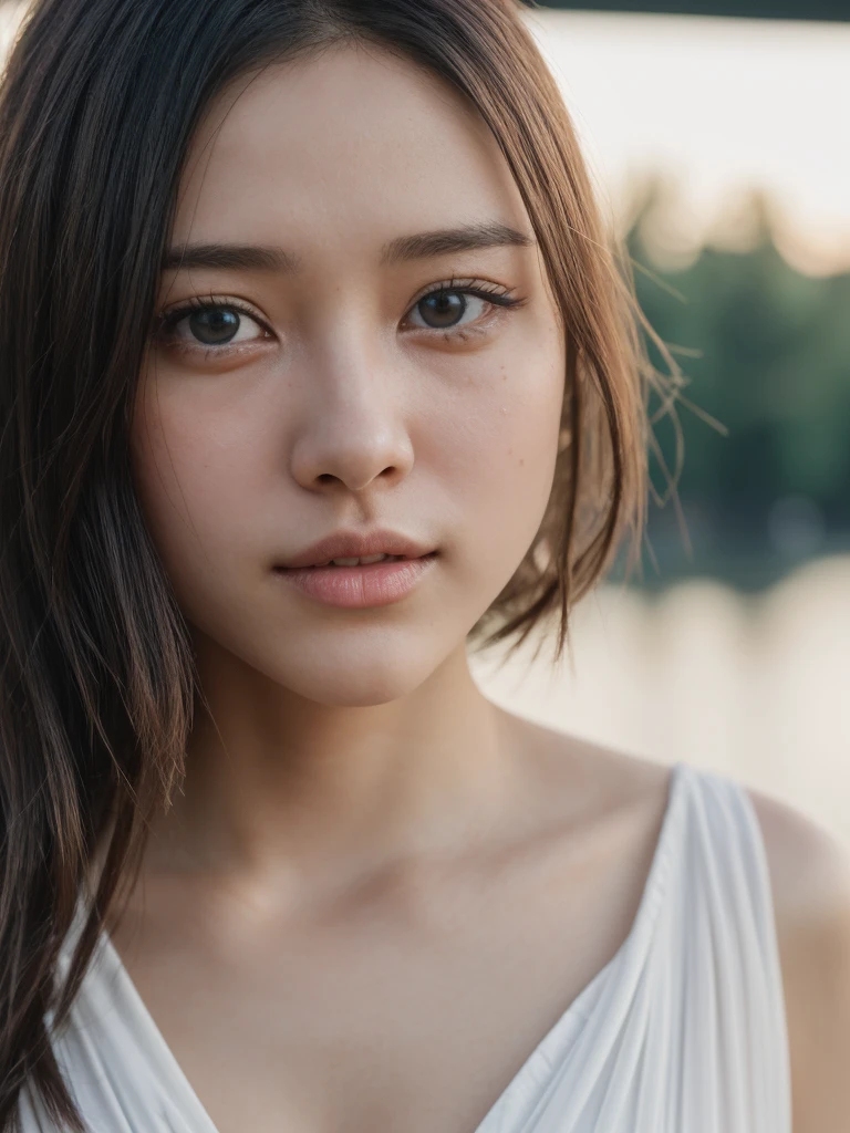 (masterpiece, UHD, 8k, best quality:1.2), solo, 1girl, (photorealistic:1.2), (RAW photo), (ultimate-realistic, ultimate-realistic details, ultimate-realistic texture, ultimate-intricate details, ultimate-realistic lighting, ultimate-realistic shadow, japanese girl, 24yo, ultimate-cute face, ultimate-RAW skin, ultimate-eyes, full body, in a white dress next to a night of waitan riverside, dewy face, sunrays shine upon it, crisp detailing, no haze, modern dress, tropical, contax tix, cabincore, 8K, intricate, blue eyes ,silhouette, light shadow, film grain, Hasselblad X2D 100C + XCD 2,5/25V, F/1.8, (cinematic still:1.2), freckles, 35mm photograph, film, bokeh, professional, 4k, highly detailed, perfect fingers ,Extremely Realistic,