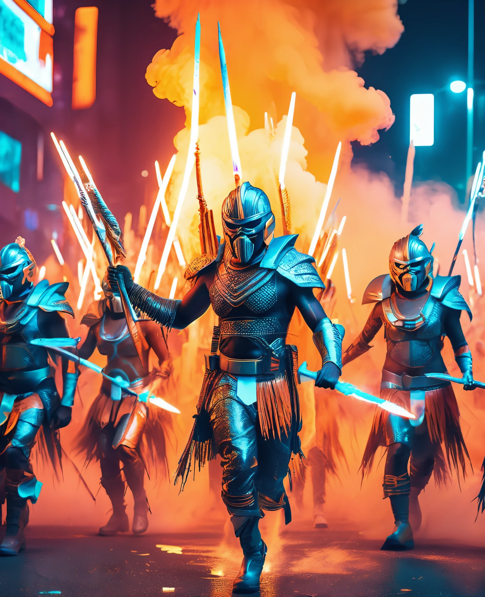 an army of African warriors wearing masks and african designed costumes, holding futuristic glowing spears, fighting police in an orange tear gas smoke covered dystopian city, revolutionary art concept, light shining from the futuristic glowing spears providing an orange teal cinematic colour grading, 32k, ultra HD