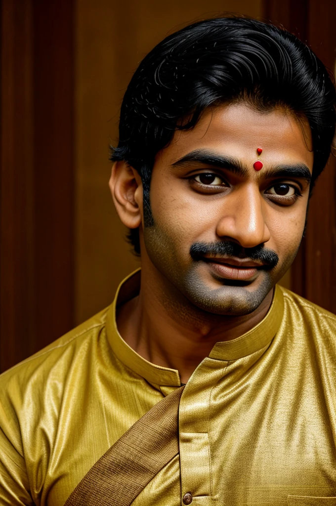 A sexy indian man with black hair,# sexual pose, ultra HD,16 k resolution, sharp focus, cinematic, masterpiece, wearing ( safron dhoti), in hindu temple ,handsome face ,tilak,and rudraksh mala 