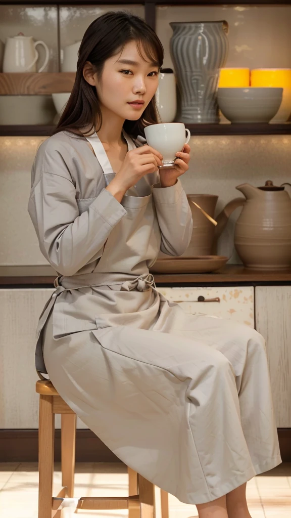 there is a woman sitting on a chair holding a cup, designed for cozy aesthetics!, woman drinking coffee, sitting on a mocha-colored table, candid portrait photo, detailed image, tea ceremony scene, ad image, beige, indoor scene, warm and joyful atmosphere, promo image, inspired by Ni Yuanlu, drinking tea, mysterious coffee shop girl, nostalgic atmosphere, arafed woman in a gray shirt and white apron making a bowl, korean woman, ceramic, pottery, shin min jeong, inspired by Kim Du-ryang, inspired by Yukimasa Ida, clay, artisan, lee ji-eun, lee ji - eun, joy ang, asian woman, inspired by Sawa Sekkyō, sun yunjoo