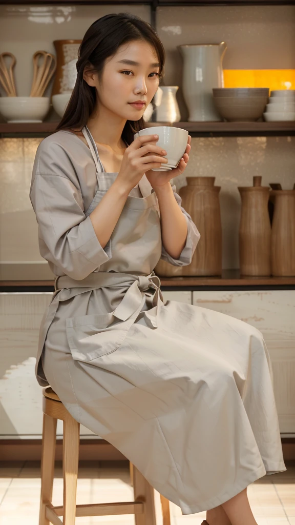 there is a woman sitting on a chair holding a cup, designed for cozy aesthetics!, woman drinking coffee, sitting on a mocha-colored table, candid portrait photo, detailed image, tea ceremony scene, ad image, beige, indoor scene, warm and joyful atmosphere, promo image, inspired by Ni Yuanlu, drinking tea, mysterious coffee shop girl, nostalgic atmosphere, arafed woman in a gray shirt and white apron making a bowl, korean woman, ceramic, pottery, shin min jeong, inspired by Kim Du-ryang, inspired by Yukimasa Ida, clay, artisan, lee ji-eun, lee ji - eun, joy ang, asian woman, inspired by Sawa Sekkyō, sun yunjoo