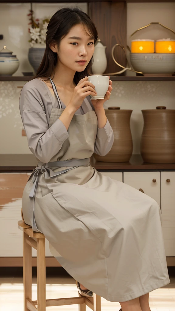 there is a woman sitting on a chair holding a cup, designed for cozy aesthetics!, woman drinking coffee, sitting on a mocha-colored table, candid portrait photo, detailed image, tea ceremony scene, ad image, beige, indoor scene, warm and joyful atmosphere, promo image, inspired by Ni Yuanlu, drinking tea, mysterious coffee shop girl, nostalgic atmosphere, arafed woman in a gray shirt and white apron making a bowl, korean woman, ceramic, pottery, shin min jeong, inspired by Kim Du-ryang, inspired by Yukimasa Ida, clay, artisan, lee ji-eun, lee ji - eun, joy ang, asian woman, inspired by Sawa Sekkyō, sun yunjoo