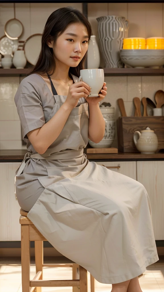 there is a woman sitting on a chair holding a cup, designed for cozy aesthetics!, woman drinking coffee, sitting on a mocha-colored table, candid portrait photo, detailed image, tea ceremony scene, ad image, beige, indoor scene, warm and joyful atmosphere, promo image, inspired by Ni Yuanlu, drinking tea, mysterious coffee shop girl, nostalgic atmosphere, arafed woman in a gray shirt and white apron making a bowl, korean woman, ceramic, pottery, shin min jeong, inspired by Kim Du-ryang, inspired by Yukimasa Ida, clay, artisan, lee ji-eun, lee ji - eun, joy ang, asian woman, inspired by Sawa Sekkyō, sun yunjoo