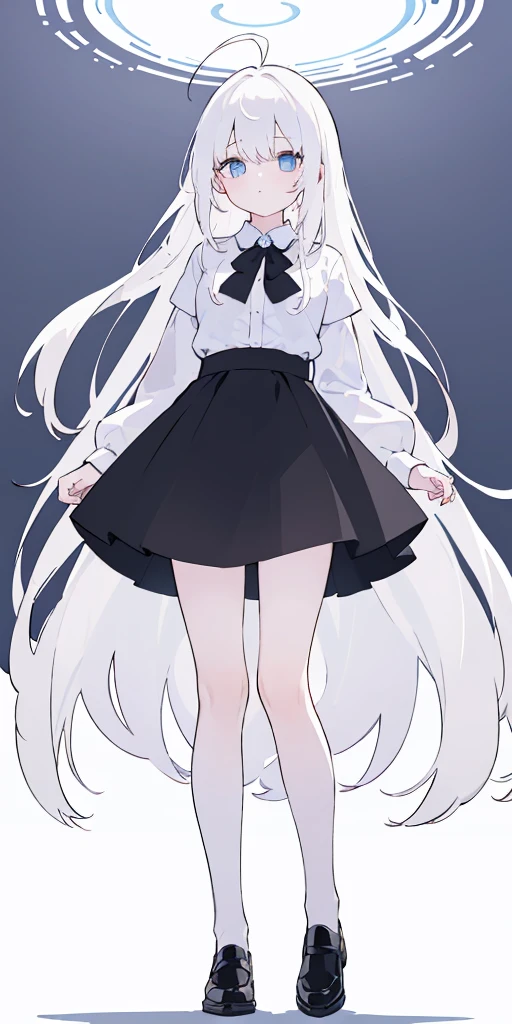 ((masterpiece, best quality)), (1girl), (solo), (female focus), (ahoge, white hair, long hair), blue eyes, ((white shirt), (buttoned shirt)), ((black skirt)) (short skirt)), standing, white background, behind arms, Full body image
