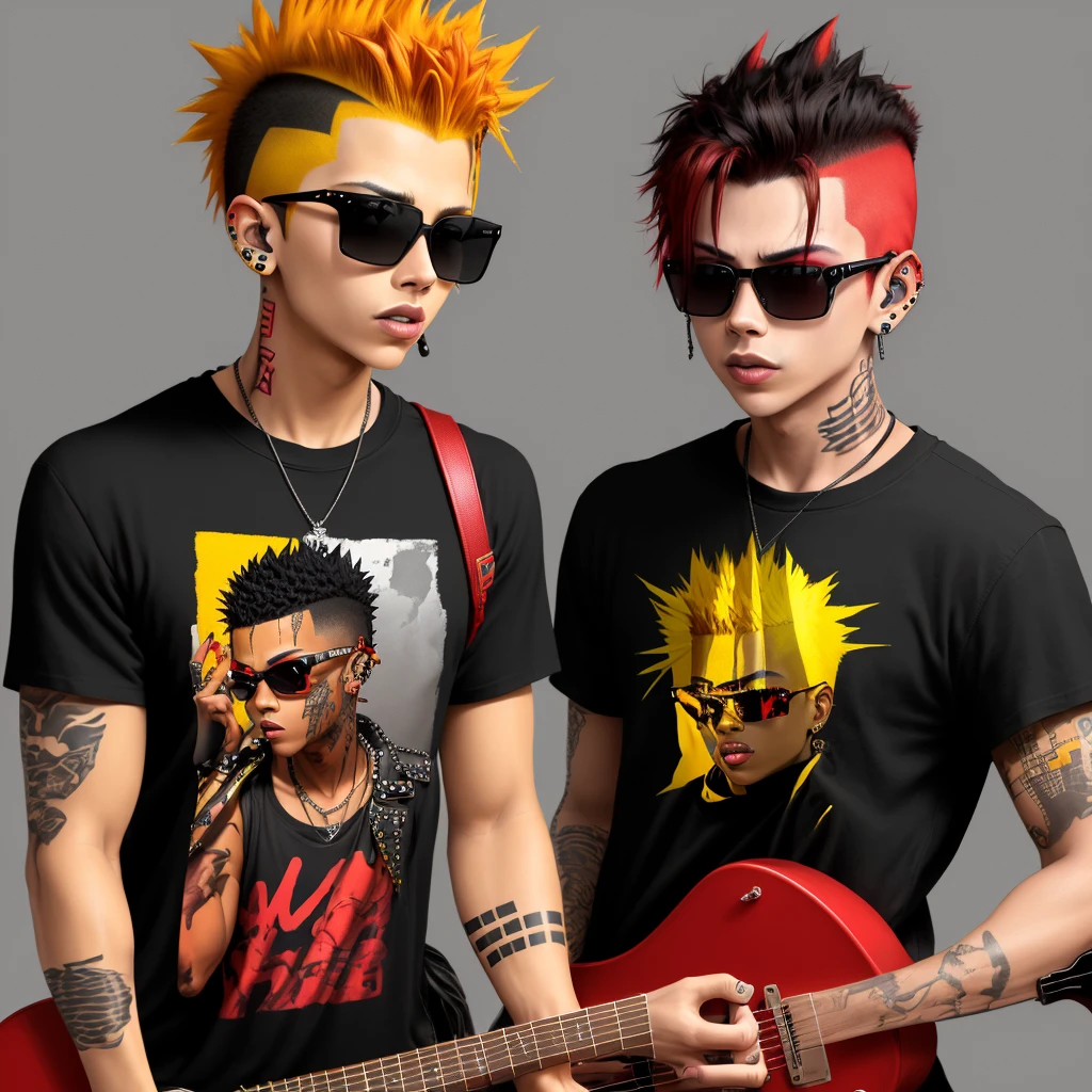 one boy, bright skin, red and yellow fiery mohawk, lip piercing, black studded sunglasses, Black T-shirt, hand tattoos, black and white guitar