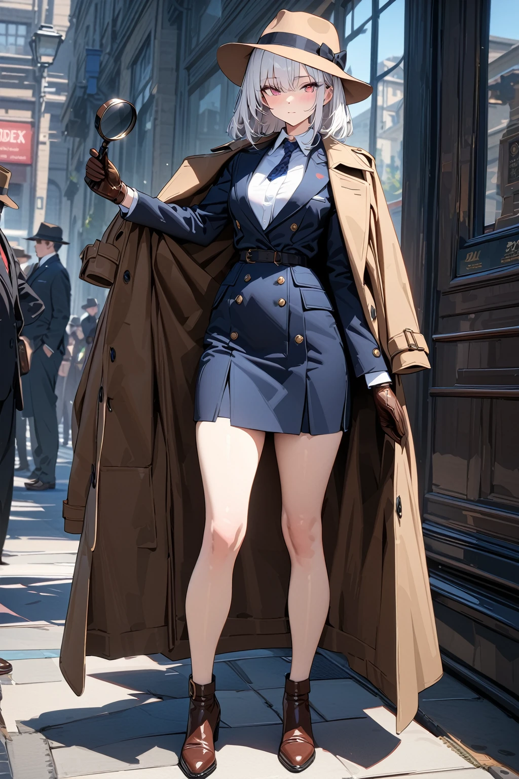 (masterpiece, best quality:1.5), (ultra detailed, high resolution, 8k, beautiful detailed, UHD, best anatomy), white hair, flat breasts, 1 sleuth, Trench coat, Fedora hat, Suit, Leather gloves, Leather shoes, Magnifying glass
