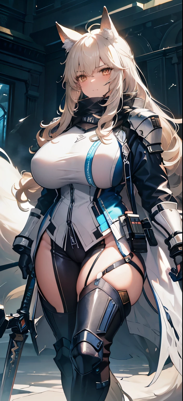 ((masterpiece)), ((best quality)) (ultra-detailed), backlit lighting, extremely detailed background,,de pele branca, Massive, muscular girl, Kaiju, aggressive, Proud,long, wavy white hair,Long dark blue coat,very very gigantic ,muffler,Wolf Girl,Golden decoration,big tail,trouser,Big animal ears,huge sword,long boots,Warm blue clothing,Clothes that are large in size,No skin exposure,Fluffy,venusbody,arknights,angry,milf, gigantic breasts, sagging breasts,