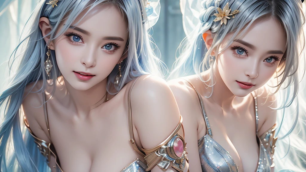 (masterpiece:1.3), (8k, Photorealistic, Raw photo, Best image quality: 1.4), Fair-skinned fairy woman、Long Haircut、Cleavage:2.0、Super detailed face、Attention to detail、double eyelid、Put your chest together、Sharp focus:1.2、Beautiful woman:1.4、Silvery white hair、highest quality、masterpiece、超A high resolution、(Photorealistic:1.4)、Highly detailed and professionally lit smile、Loose, light, futuristic clothing、Shoulder out、thin、Serious expression、Short-haired、Deadly position