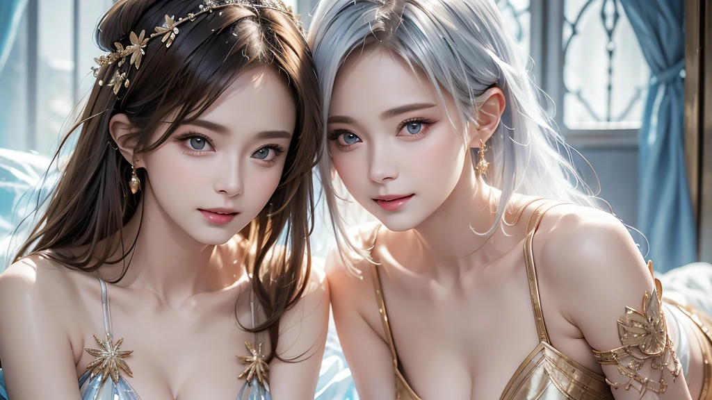 (masterpiece:1.3), (8k, Photorealistic, Raw photo, Best image quality: 1.4), Fair-skinned fairy woman、Long Haircut、Cleavage:2.0、Super detailed face、Attention to detail、double eyelid、Put your chest together、Sharp focus:1.2、Beautiful woman:1.4、Silvery white hair、highest quality、masterpiece、超A high resolution、(Photorealistic:1.4)、Highly detailed and professionally lit smile、Loose, light, futuristic clothing、Shoulder out、thin、Serious expression、Short-haired、Deadly position