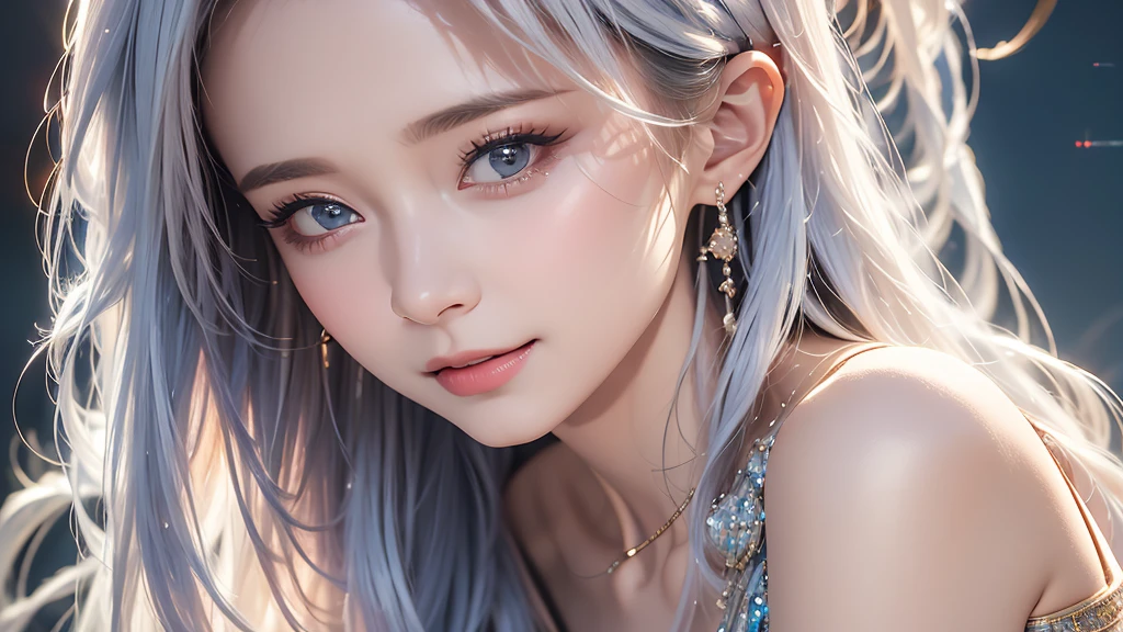 (masterpiece:1.3), (8k, Photorealistic, Raw photo, Best image quality: 1.4), Fair-skinned fairy woman、Long Haircut、Cleavage:2.0、Super detailed face、Attention to detail、double eyelid、Put your chest together、Sharp focus:1.2、Beautiful woman:1.4、Silvery white hair、highest quality、masterpiece、超A high resolution、(Photorealistic:1.4)、Highly detailed and professionally lit smile、Loose, light, futuristic clothing、Shoulder out、thin、Serious expression、Short-haired、Deadly position