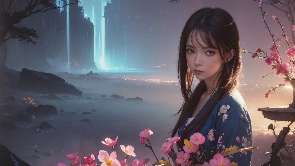 32k, Masterpiece, Highest quality, One girl, Brown Hair, Detailed eyes, flower,Freesia, Pink and navy style,A dreamy, romantic piece,Pale yellow, Mysterious Leaves,A playful arrangement,Fantasy,High Contrast,Ink strokes,explosion,Exposure, Impression of pink and navy tones,Abstract,((Watercolours by John Berkey and Jeremy Mann )) Brush strokes,Negative Space, Tyndall effect,