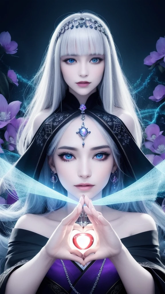 (masterpiece, top quality, 1 female, solo, exquisite details, chromatic aberration), (realistic), (skin), ((breathing)), (silver hair, blunt bangs, short straight long hair, short bangs, silver hair), beautiful hair, red headdress, blue highlights, hair over one eye, pretty eyes, purple eyes, thick lips, earrings, piercing eyes, ((gold and white kimono)), ((symmetrical eyes)), ((perfectly symmetrical body)), ((perfectly symmetrical hands)), (purerosface_v1:0.3), night, ((self, natural light))), bright lighting, flowers blooming in the background, in front of the viewer, ((central shot, from the front, (face and shoulders))), mysterious atmosphere, flowers blooming around, light colored background, fortune teller in kimono, beautiful fortune teller, fortune teller, fantasy female fortune teller, female fortune teller, f Fantasy photography, magician, witch fairy tale, Japanese style, elegant cinematic fantasy art, fantasy woman, sorceress portrait, casting spells, fortune teller, powerful wizard stands among mystical colorful flowers, fluttering robes adorned with symbols, holding a glowing heart crystal ball, eyes glowing with mystical energy, spells leaking from his mouth, vivid swirling patterns of black magic pulsating with iridescent hues appear in the air, magic permeates, flowers bloom, sacred creatures gaze in awe, threads of magical energy dance, revealing hidden realms, unravelling secrets, capturing the essence of this enchanting moment and bringing to life the mystical power of witchcraft on a canvas of the highest quality and finest detail. Top Quality, Masterpiece, Ultra High Resolution, (Photorealistic: 1.4), RAW Photo, Sharp Focus, High Resolution, Detailed Skin.