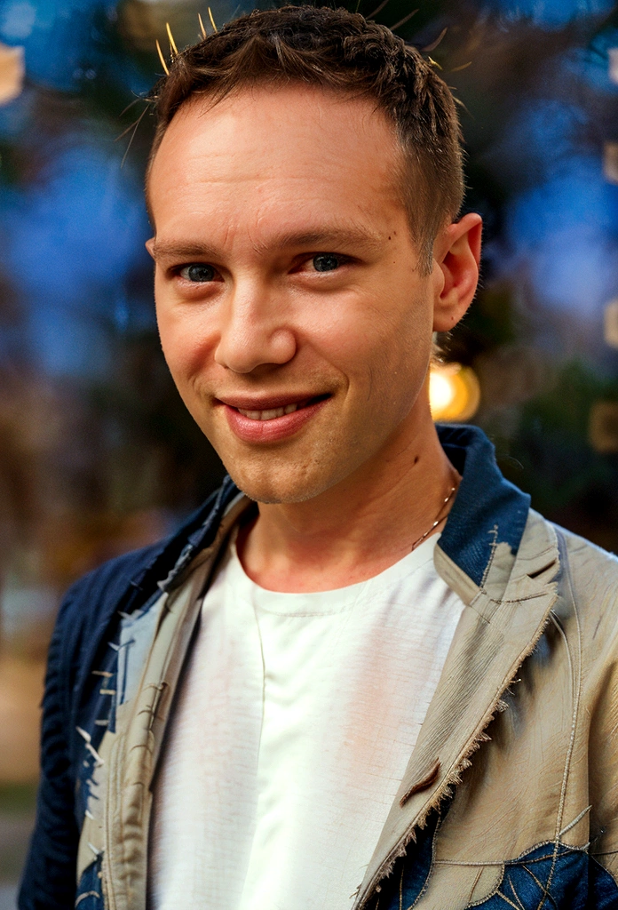 Portrait photo of a man full body photo, perfect eyes, wearing a shabby mecha coat, ((light bokeh)), intricate, elegant, sharp focus, photo by Greg Rutkovsky, soft lighting, bright colors, masterpiece, (street)), detailed realistic face, close-up of the face, smiling short hair Todder8, Todder5