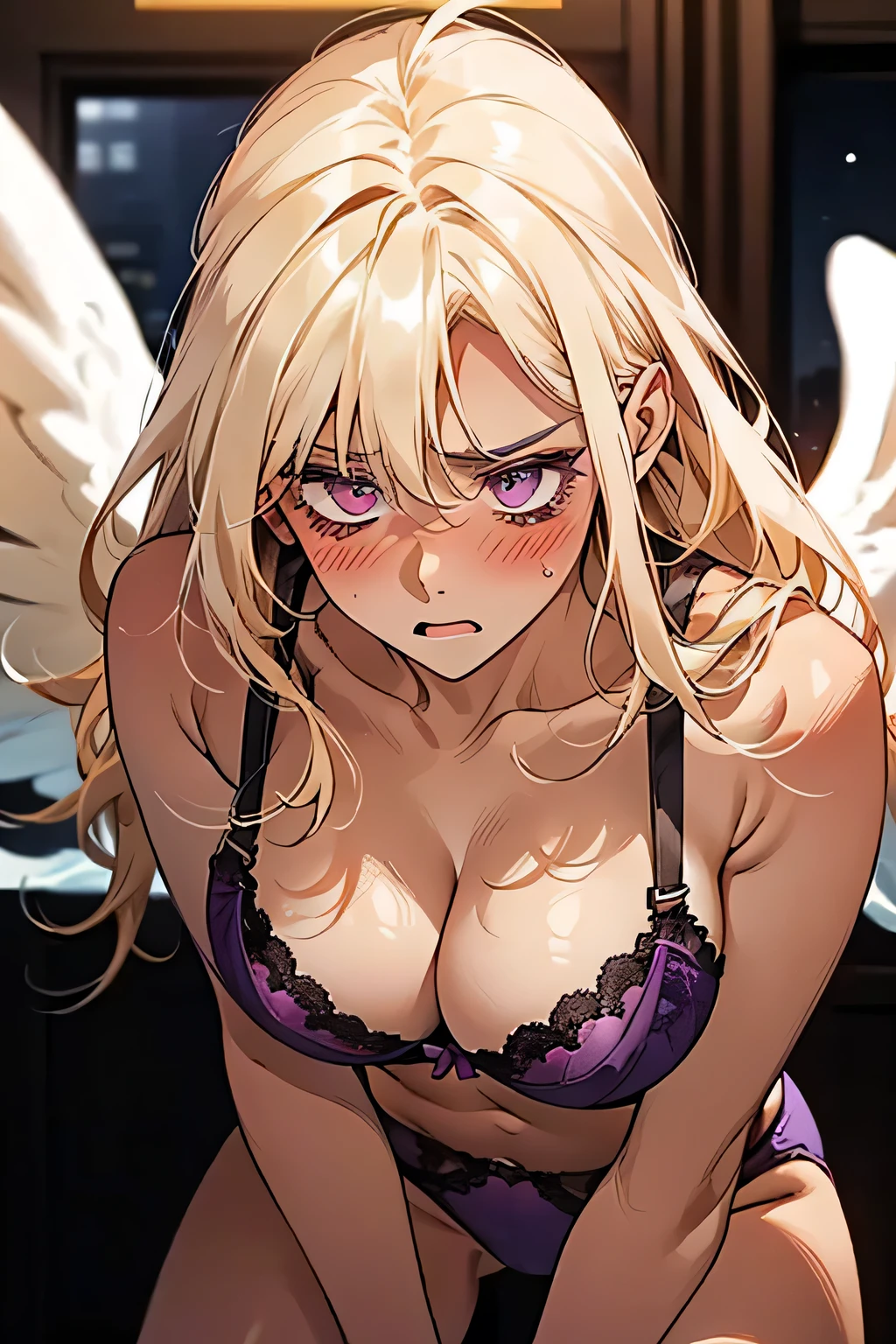 ((blonde)),((anger:1.1)),((Embarrassing:1.1)),((Blush 1.5)),Purple eyes,Large Breasts,Dark purple bra,((Brown Skin:1.5)),Angel Wings,face down. Background is indoor,night.