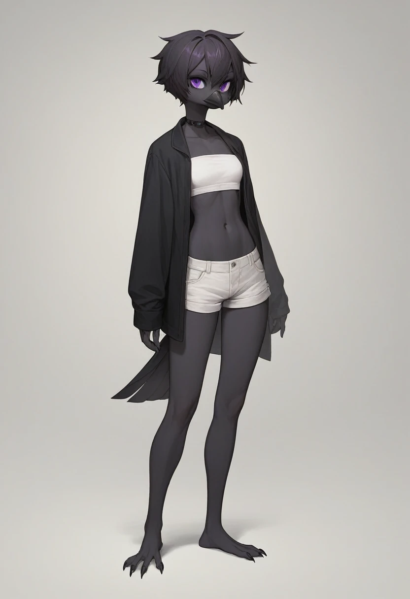 Score_9, score_8_up, score_7_up, flat colors, an Anthro avian crow girl, female, small grey beak, tall, small crow tail, black body, standing, white background, purple eyes, short black emo hair, hands with five fingers, wearing white bandeau, white short shorts, full body shot, plantigrade bird feet with three toes,