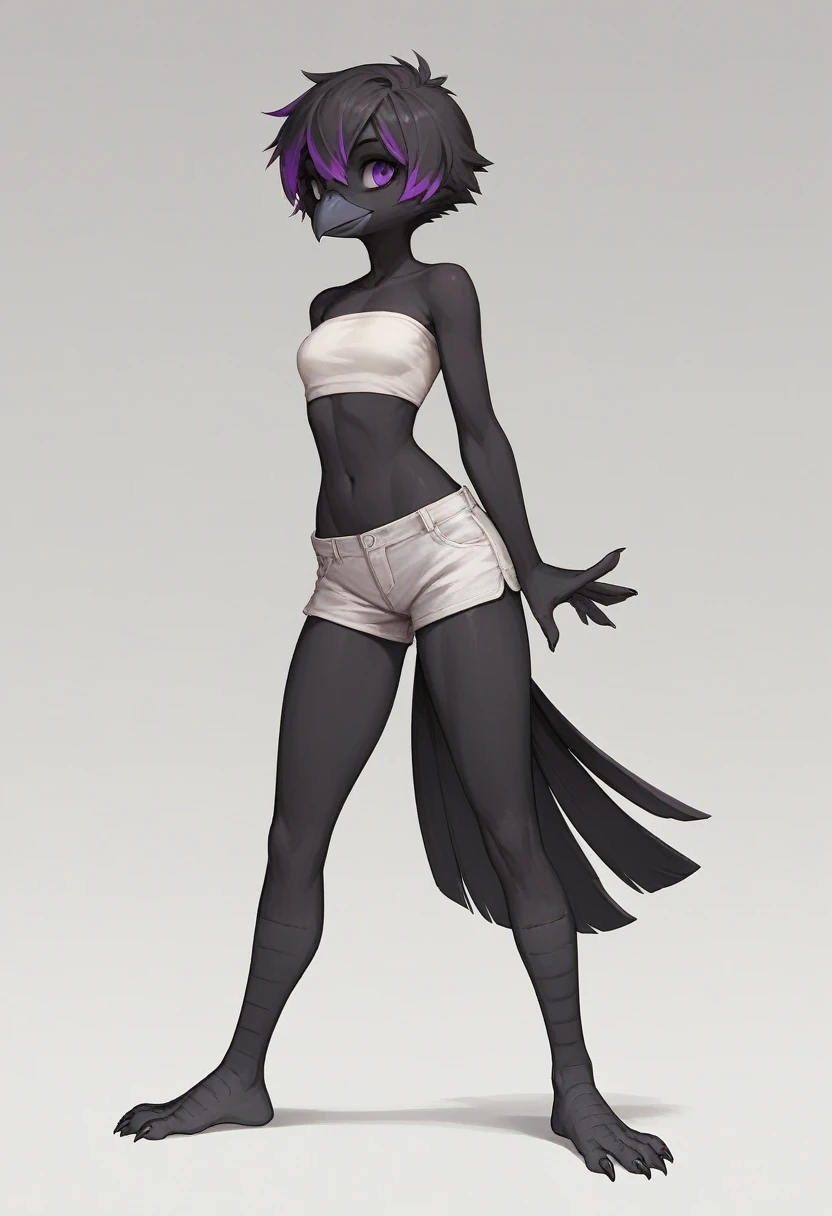 Score_9, score_8_up, score_7_up, flat colors, an Anthro avian crow girl, female, small grey beak, tall, small crow tail, black body, standing, white background, purple eyes, short black emo hair, hands with five fingers, wearing white bandeau, white short shorts, full body shot, plantigrade bird feet with three toes,