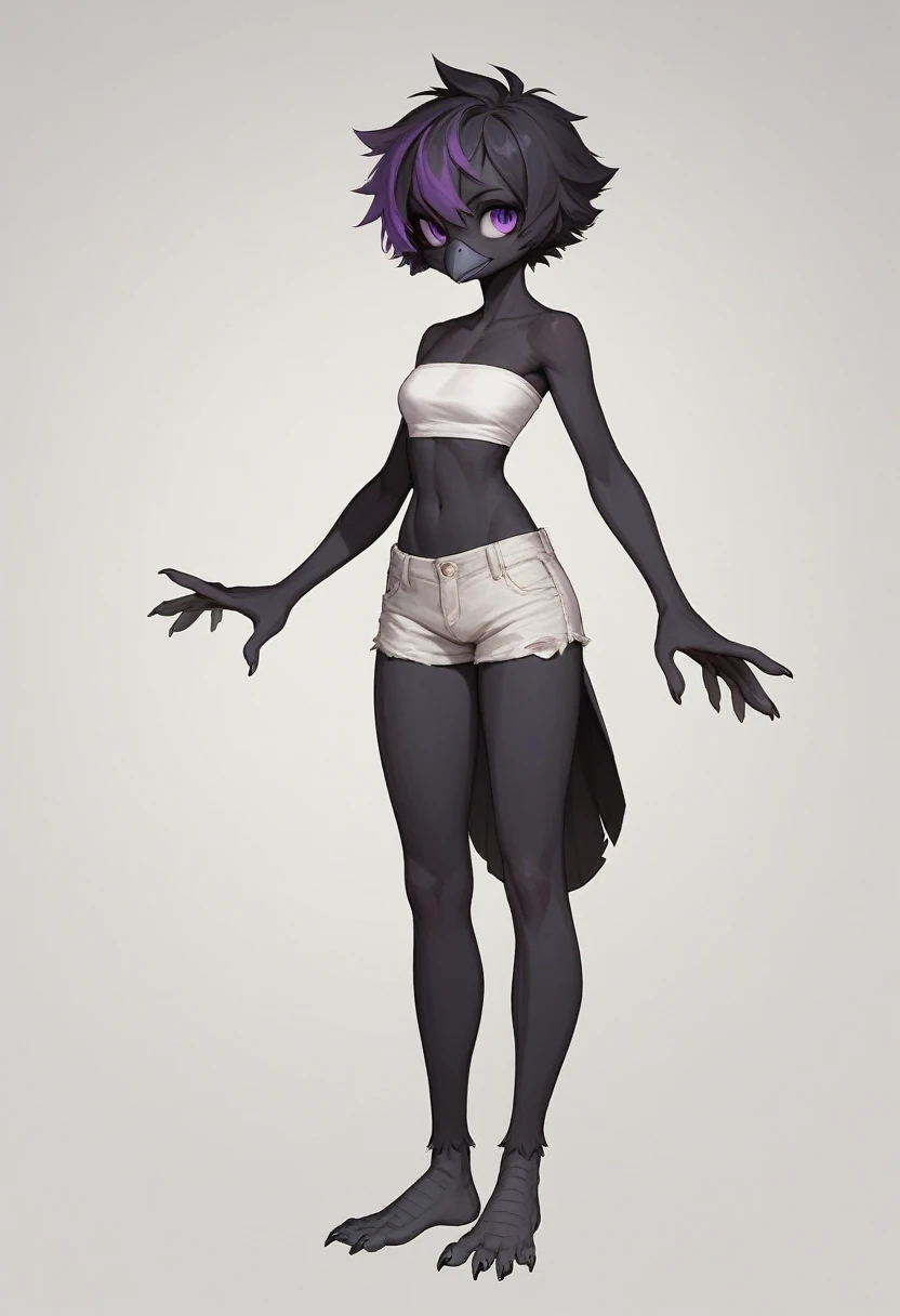 Score_9, score_8_up, score_7_up, flat colors, an Anthro avian crow girl, female, small grey beak, tall, small crow tail, black body, standing, white background, purple eyes, short black emo hair, hands with five fingers, wearing white bandeau, white short shorts, full body shot, plantigrade bird feet with three toes,