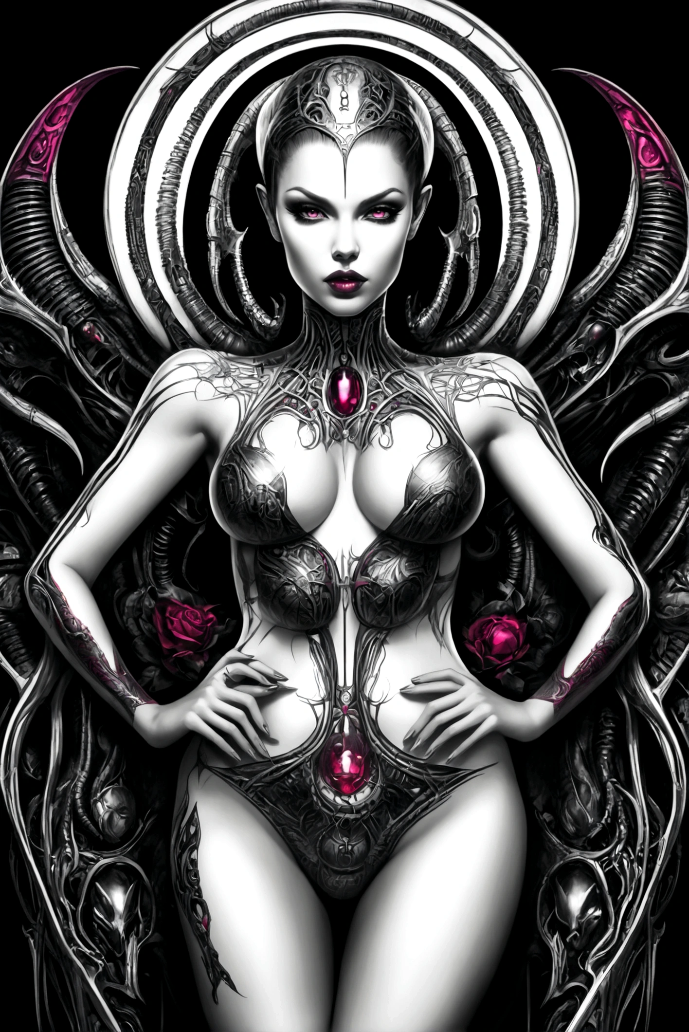 Create an image of Stunningly gorgeous beautiful perfect hr giger tattooed sexy seductive demonic girl, Stunningly gorgeous perfect flawless sexy face, hyper detailed neon ruby, large firm breasts, full body view, nude, no color black and white only