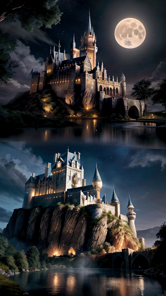 With the highest quality、Depict a fantastic CG magical castle。Create a castle with the following characteristics::
Reminiscent of the good old world of magic、Magnificent stone castle, medieval Gothic architecture with tall towers, gargoyles and decorative windows、The intricate stone-paved garden courtyard is filled with ancient trees and magical plants.、A starry sky spreads across the sky with a rose arch、The moon shines on the castle, and magical lights dance in the night sky.、The castle is surrounded by a lake and waterfalls.、Magical sparkles reflect on the water surface. A misty, fantastical atmosphere. Ultra-high quality 4K.、Highest quality detail and realism based on this prompt、Create an image of a magical castle worthy of the Harry Potter world。