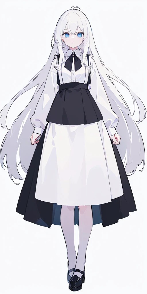 ((masterpiece, best quality)), (1girl), (solo), (female focus), (ahoge, white hair, long hair), blue eyes, ((white shirt), (buttoned shirt)), ((black skirt)) (short skirt)), standing, white background, behind arms, Full body image