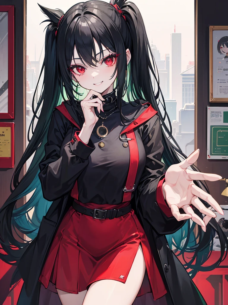 woman, red eyes, long curry wauy half black and green hair. wear black jacket winter, arrogant, independent woman. background in town. she is vampire. kind smile. IDOL.