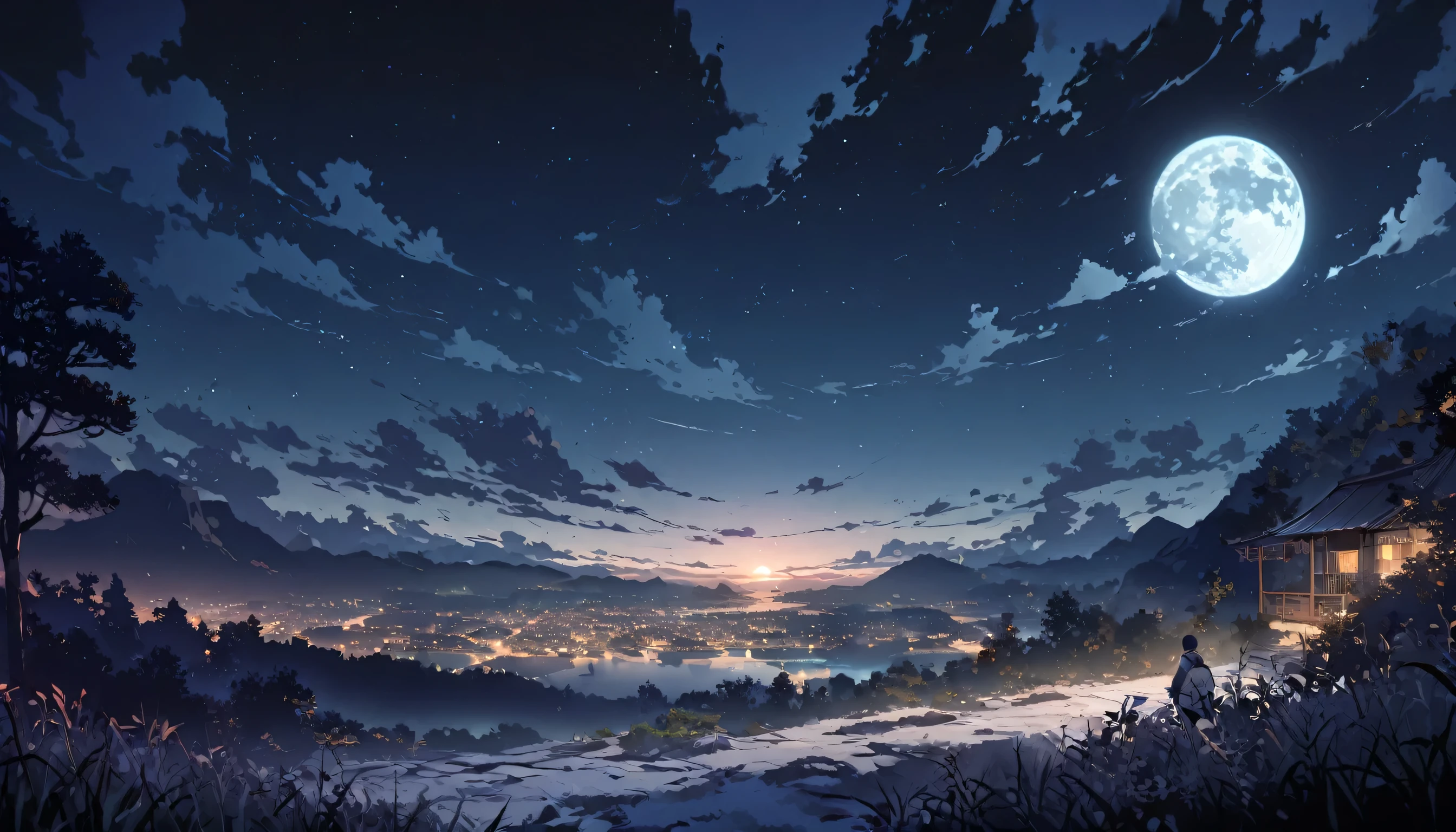 1 male, night, night景, landscape, moon