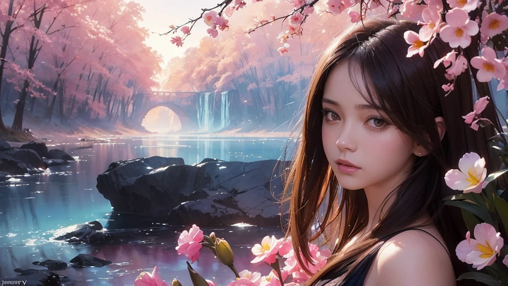 32k, Masterpiece, Highest quality, One girl, Brown Hair, Detailed eyes, flower,Freesia, Pink and navy style,A dreamy, romantic piece,Pale yellow, Mysterious Leaves,A playful arrangement,Fantasy,High Contrast,Ink strokes,explosion,Exposure, Impression of pink and navy tones,Abstract,((Watercolours by John Berkey and Jeremy Mann )) Brush strokes,Negative Space, Tyndall effect,