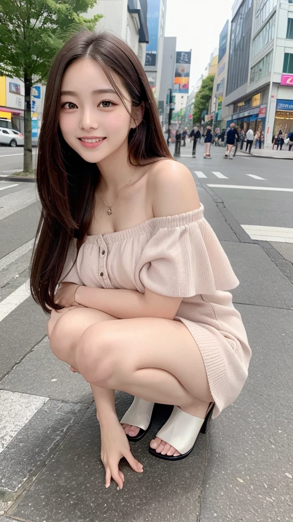 High resolution, Highest quality, Perfect dynamic composition, Beautiful attention to detail, Off the shoulder、Shiny Hair、Medium Hair, Natural color lip, university student、Harajuku、smile、Crouching、M-shaped feet