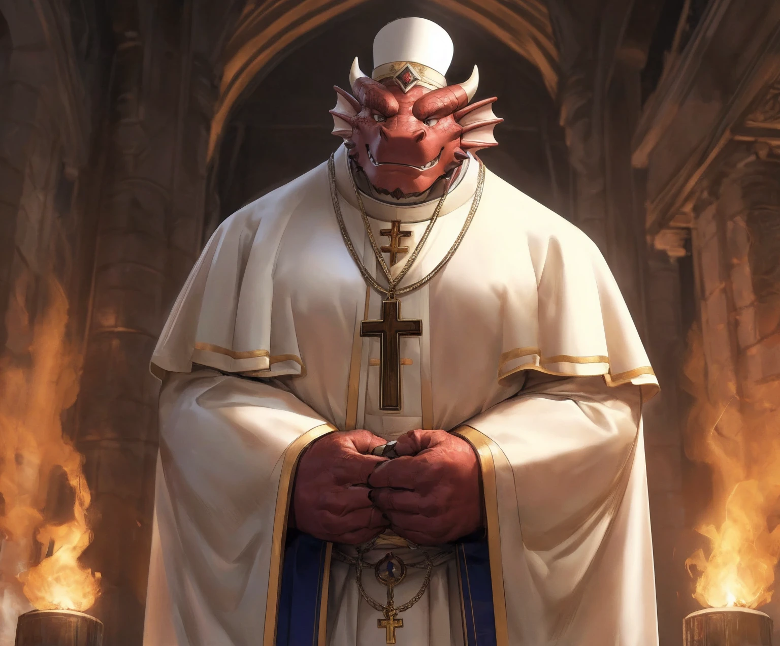 human nature, cannon, male, solitary, ((the strong,Handsome)), (dragon),((Traditional Catholic Pope outfit,西方dragondragon角)), standing,((Traditional Catholic style)),Hand in hand cross,high quality, (4K,high quality, high resolution, masterpiece), Front view (close up), cartoon,by lindong