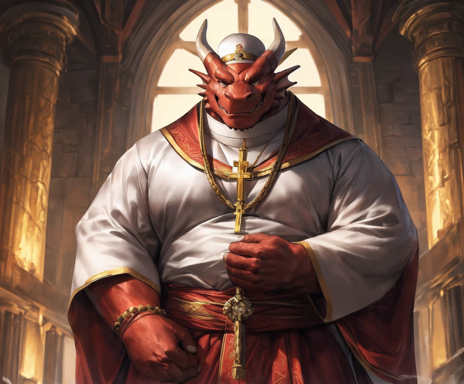 human nature, cannon, male, solitary, ((the strong，Handsome)), (dragon),((Traditional Catholic Pope outfit，西方dragondragon角))， standing，((Traditional Catholic style))，Hand in hand cross，high quality, (4K,high quality, high resolution, masterpiece), Front view (close up), cartoon,by lindong