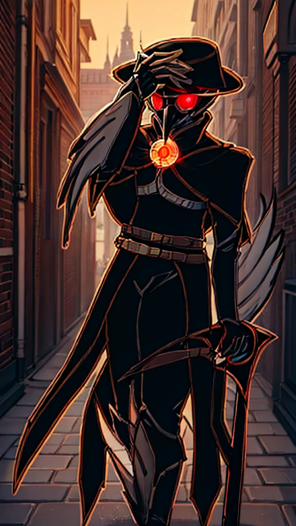 Man with crow mask，Man with a bowler hat，One hand holding the hat，Black shawl，Turtleneck shirt，Skirt，Robe hem，Pestle on crutches，Walking stick，Luminous glasses，Compound eyes，Luminous glasses，Plague doctor mask，Beak mask