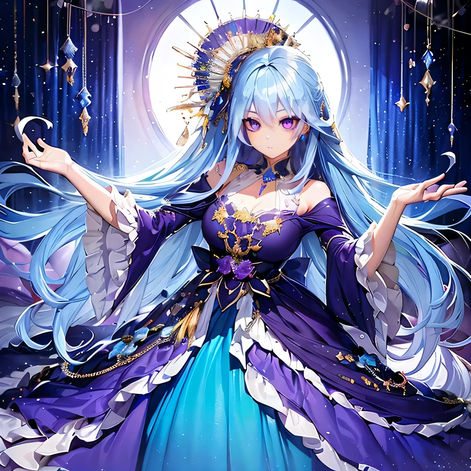 A beautiful anime girl, long Blue hair, vibrant purple eyes, smiling, elegant lady, detailed facial features, highly detailed, 8k, photorealistic, digital painting, dramatic lighting, cinematic, elegant, dramatic, fantasy, surreal, Dressed modestly, far away from the camera, 1 person