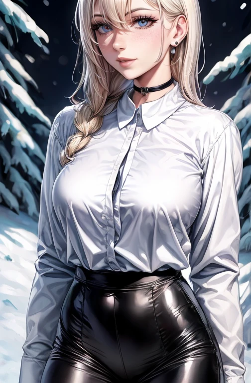 (strong and bright eyes)beautiful, beautiful woman, perfect anatomy, perfect body, perfect breasts, choker:1.6, captivating look, slight smile, realism, Masterpiece, Rough skin , super detailed, high detail, high quality, 最high quality, 1080P, 16k, realist, 1 girl, (black fur, broad), shiny black leggings, chapped lips, blush, Snowy forest, snow night, dark, Moonlight, (White long sleeve collar shirt:1.4), shy