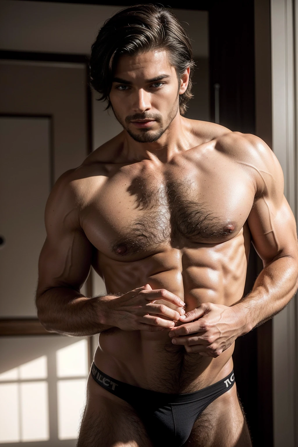 masterpiece, best quality, high resolution, closeup portrait, male focus, solo focus, A man, detailed face , with doctor clothes, doctor unform, cute masculine face, seductive, bare chest, body hair, facial hair, muscular, skinny , facial hair, hairy legs, in the background a doctor hospital room, amazing composition, front view, HDR, ultra quality, elegant, highly detailed,big bulge and big butts,(Best quality, 8k, Masterpiece). High Detail , , superior quality, natural lighting, beautiful, sexy, correct anatomy, good composition,realistic shapes, realistic skin tones,Natural eyes,realistic eyes,looking up at viewer,vpl,realistic muscles,Realistic wrinkles on the skin,Realistic arms and legs,Realistic face,realistic hair,Make a sexy and seductive face, man focus,amazing composition, front view, HDR, volumetric lighting, ultra quality, elegant,Post a erotic photoshoot,Realistic pose,detailed hair,full body,Fujifilm XT3 photorealistic art by midjourney