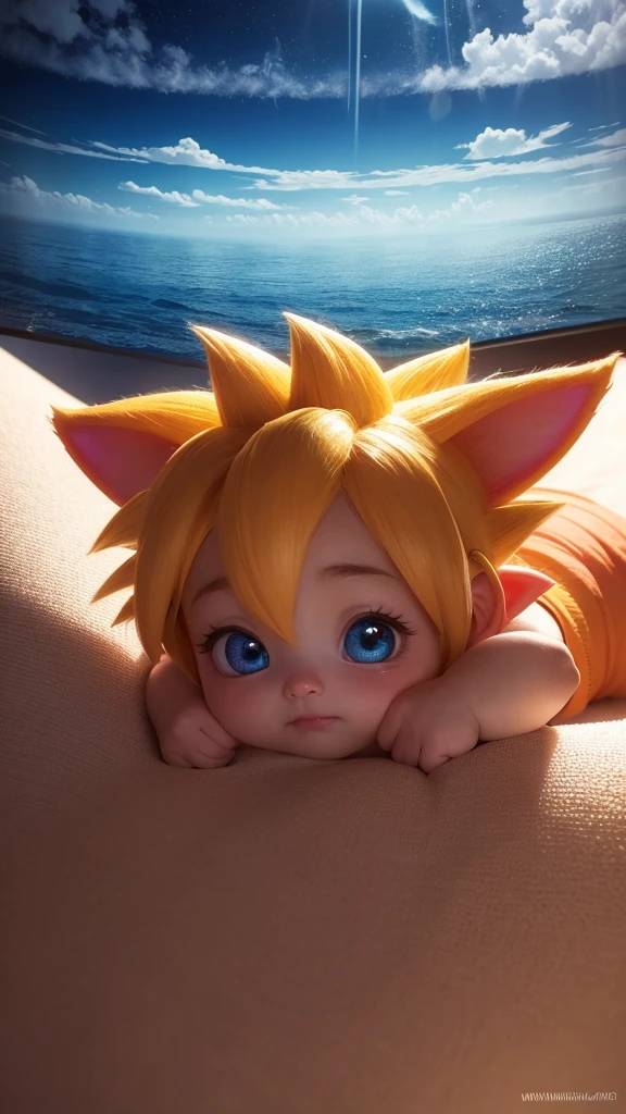 Cute and adorable cartoon goku baby, fantasy, dreamlike, surrealism, super cute, trending on artstation, cinematic, dramatic colors, close-up, cgscociety, computer rendering, by mike winkelmann, uhd, rendered in cinema4d, hard surface modeling, 8k,render octane, inspired by beksinski