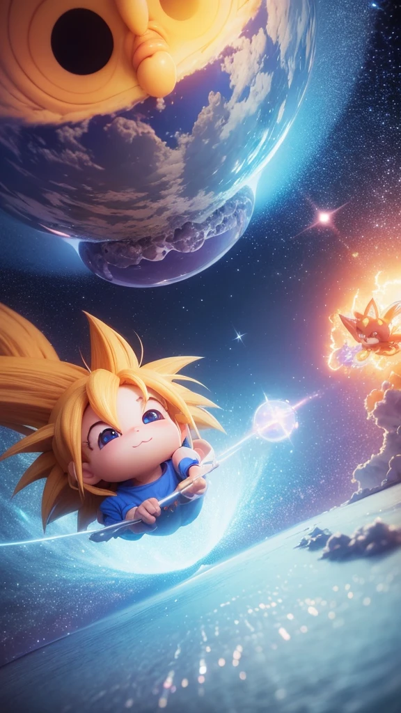 Cute and adorable cartoon goku baby, fantasy, dreamlike, surrealism, super cute, trending on artstation, cinematic, dramatic colors, close-up, cgscociety, computer rendering, by mike winkelmann, uhd, rendered in cinema4d, hard surface modeling, 8k,render octane, inspired by beksinski
