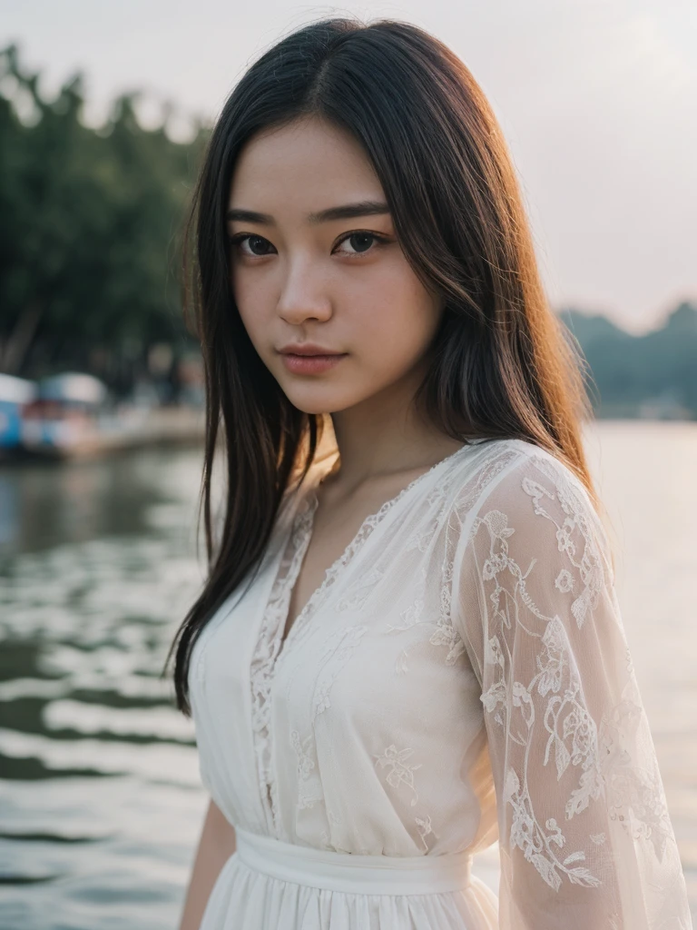 (masterpiece, UHD, 8k, best quality:1.2), solo, 1girl, (photorealistic:1.2), (RAW photo), (ultimate-realistic, ultimate-realistic details, ultimate-realistic texture, ultimate-intricate details, ultimate-realistic lighting, ultimate-realistic shadow, japanese girl, age 24 years old, ultimate-cute face, ultimate-RAW skin, ultimate-eyes, (((full body))), in a white dress next to a night of chaophraya riverside, dewy face, sunrays shine upon it, crisp detailing, no haze, modern dress, tropical, contax tix, cabincore, 8K, intricate, blue eyes ,light shadow, film grain, Hasselblad X2D 100C + XCD 2,5/25V, F/1.8, (cinematic still:1.2), 35mm photograph, film, bokeh, professional, 4k, highly detailed, perfect fingers ,Extremely Realistic,