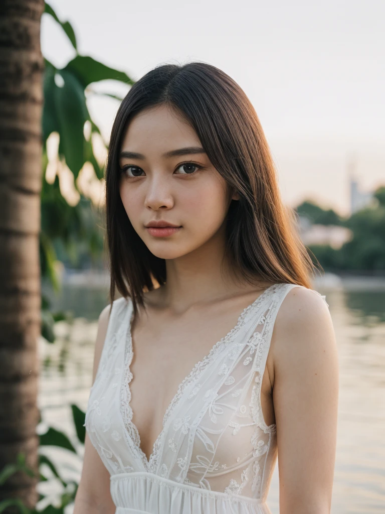(masterpiece, UHD, 8k, best quality:1.2), solo, 1girl, (photorealistic:1.2), (RAW photo), (ultimate-realistic, ultimate-realistic details, ultimate-realistic texture, ultimate-intricate details, ultimate-realistic lighting, ultimate-realistic shadow, japanese girl, age 24 years old, ultimate-cute face, ultimate-RAW skin, ultimate-eyes, (((full body))), in a white dress next to a night of chaophraya riverside, dewy face, sunrays shine upon it, crisp detailing, no haze, modern dress, tropical, contax tix, cabincore, 8K, intricate, blue eyes ,light shadow, film grain, Hasselblad X2D 100C + XCD 2,5/25V, F/1.8, (cinematic still:1.2), 35mm photograph, film, bokeh, professional, 4k, highly detailed, perfect fingers ,Extremely Realistic,