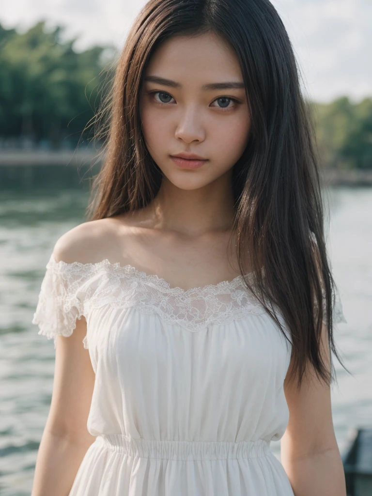 (masterpiece, UHD, 8k, best quality:1.2), solo, 1girl, (photorealistic:1.2), (RAW photo), (ultimate-realistic, ultimate-realistic details, ultimate-realistic texture, ultimate-intricate details, ultimate-realistic lighting, ultimate-realistic shadow, japanese girl, age 24 years old, ultimate-cute face, ultimate-RAW skin, ultimate-eyes, (((full body))), in a white dress next to a night of chaophraya riverside, dewy face, sunrays shine upon it, crisp detailing, no haze, modern dress, tropical, contax tix, cabincore, 8K, intricate, blue eyes ,light shadow, film grain, Hasselblad X2D 100C + XCD 2,5/25V, F/1.8, (cinematic still:1.2), 35mm photograph, film, bokeh, professional, 4k, highly detailed, perfect fingers ,Extremely Realistic,