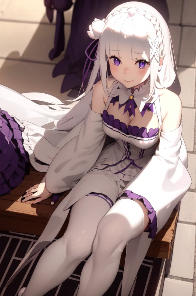 masterpiece, 1girl, Emilia, blunt bangs, long hair, crown braid,
white dress, detached collar, wide sleeves, x hair ornament, hair flower, hair ribbon, white thigh boots, cleavage, purple frills, pleated_white_skirt
sitting on bench, garden, arms at sides,
looking at viewer, (smile:1.2), blush, from above,