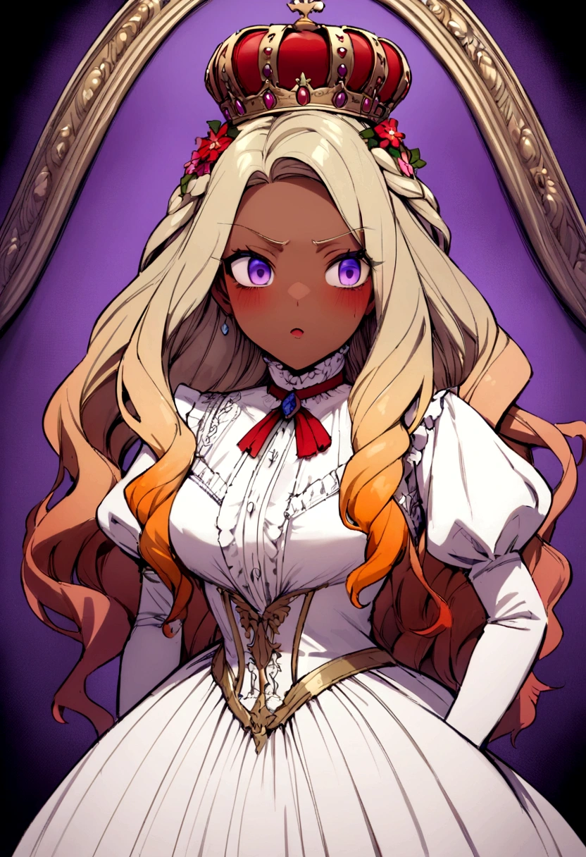 make an adult woman with dark skin, princess of a castle, His hair is a muscular green with fire at the orange tips., lilac or purple eyes, wearing a white Victorian era dress with red embroidered flowers around it, with a crown on his head, A menacing look