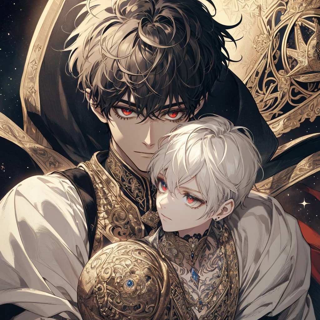 (extreamly delicate and beautiful:1.2), 8K,(masterpiece:1.0),(best_quality:1.0), 1 boy, and intricate detailing, Enlarged textures, and intricate detailing, A 3-star rune tattoo of crystals lined up with a large star in the center and a small star on either side, finely eye and detailed face, and intricate detailing, black short hair, (closed mouths), red eyes, Perfect eyes, Equal eyes, carolina eyes, with (masterpiece), best quality, expressive eyes, medieval outfit