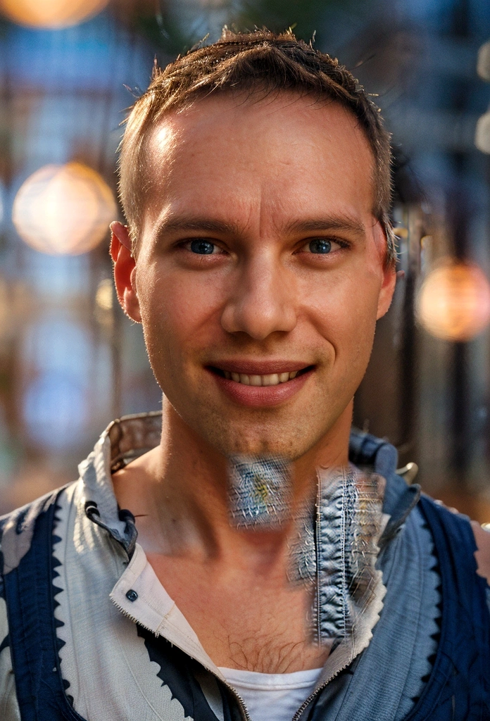 Portrait photo of a handsome male full body photo, perfect eyes, wearing a shabby mecha coat, ((light bokeh)), intricate, (steel metal), elegant, sharp focus, photo by Greg Rutkovsky, soft lighting, bright colors, masterpiece, (street)), detailed realistic face, close-up of the face, smiling short hair Todder8, Todder5
