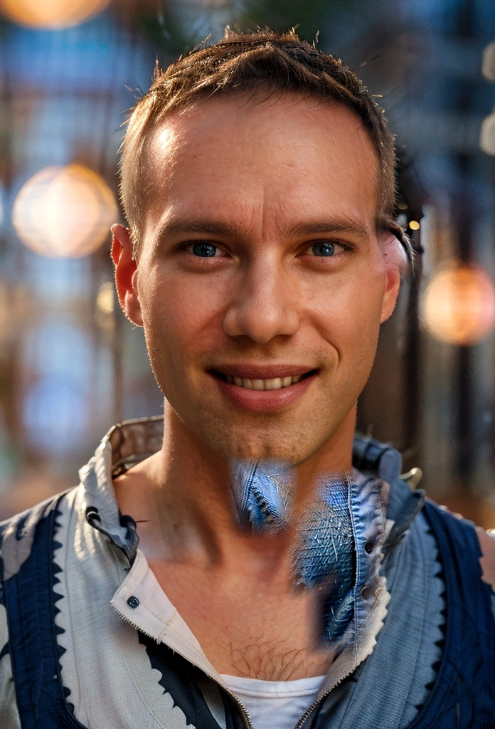 Portrait photo of a handsome male full body photo, perfect eyes, wearing a shabby mecha coat, ((light bokeh)), intricate, (steel metal), elegant, sharp focus, photo by Greg Rutkovsky, soft lighting, bright colors, masterpiece, (street)), detailed realistic face, close-up of the face, smiling short hair Todder8, Todder5