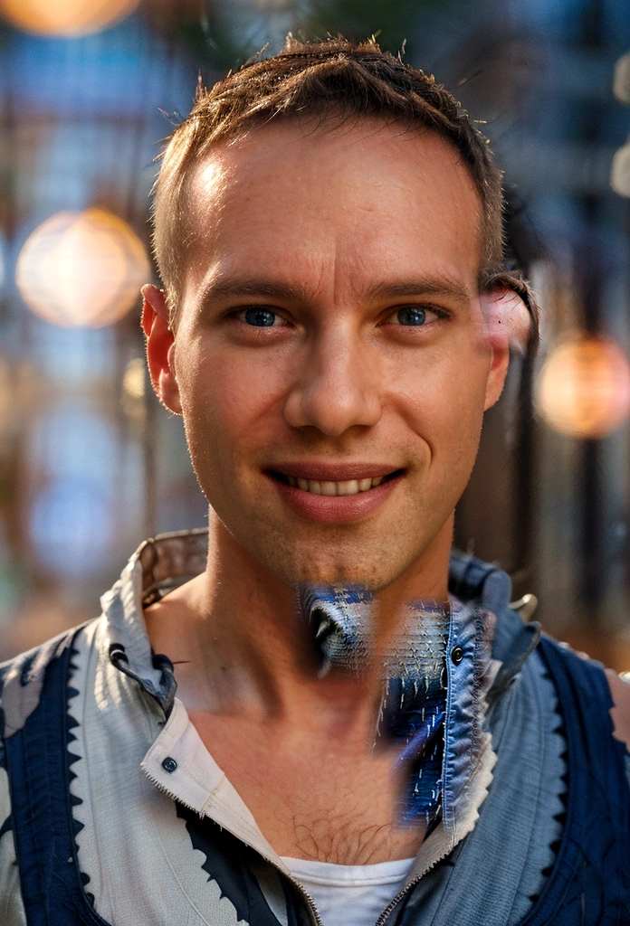 Portrait photo of a handsome male full body photo, perfect eyes, wearing a shabby mecha coat, ((light bokeh)), intricate, (steel metal), elegant, sharp focus, photo by Greg Rutkovsky, soft lighting, bright colors, masterpiece, (street)), detailed realistic face, close-up of the face, smiling short hair Todder8, Todder5