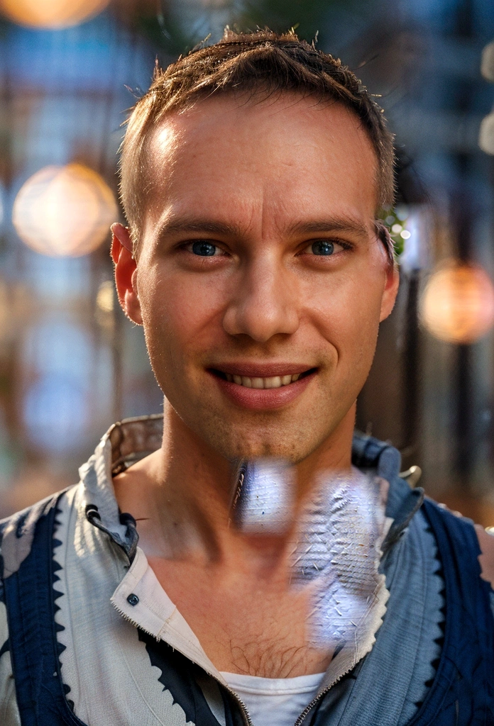 Portrait photo of a handsome male full body photo, perfect eyes, wearing a shabby mecha coat, ((light bokeh)), intricate, (steel metal), elegant, sharp focus, photo by Greg Rutkovsky, soft lighting, bright colors, masterpiece, (street)), detailed realistic face, close-up of the face, smiling short hair Todder8, Todder5